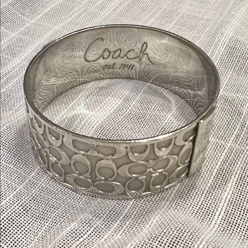 Coach Logo Silver Tone Wide Bangle